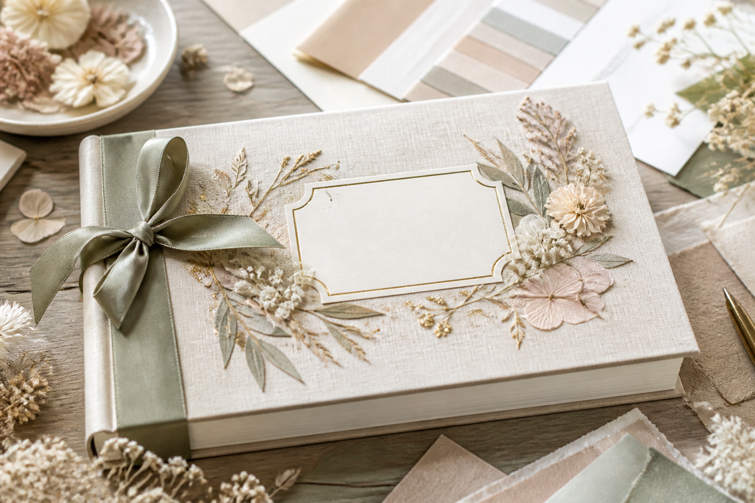 Custom guest book cover detail with names, date, and refined wedding finish