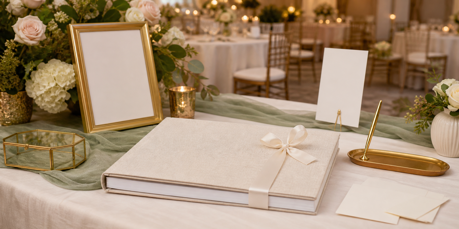 Personalized guest book displayed at a wedding reception welcome table