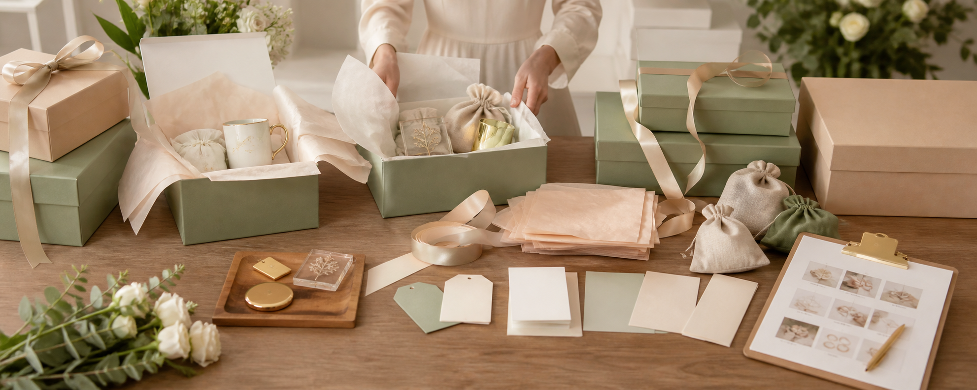 Personalized wedding gift packaging station with coordinated boxes and labels