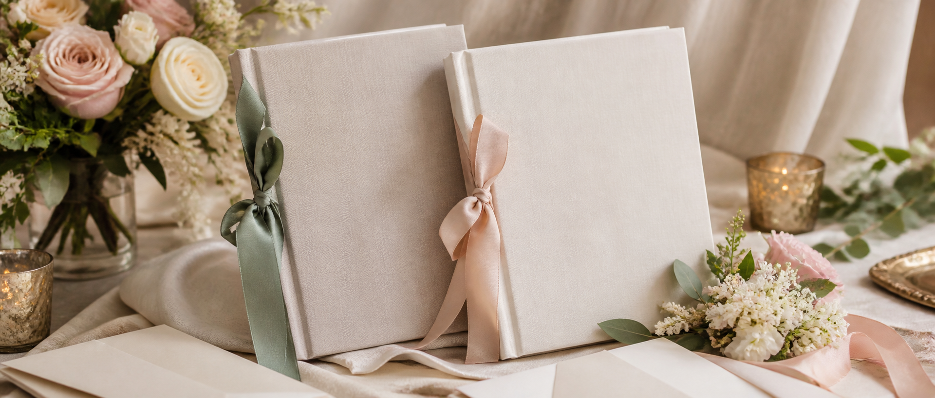 Paired personalized vow books placed together for a wedding ceremony