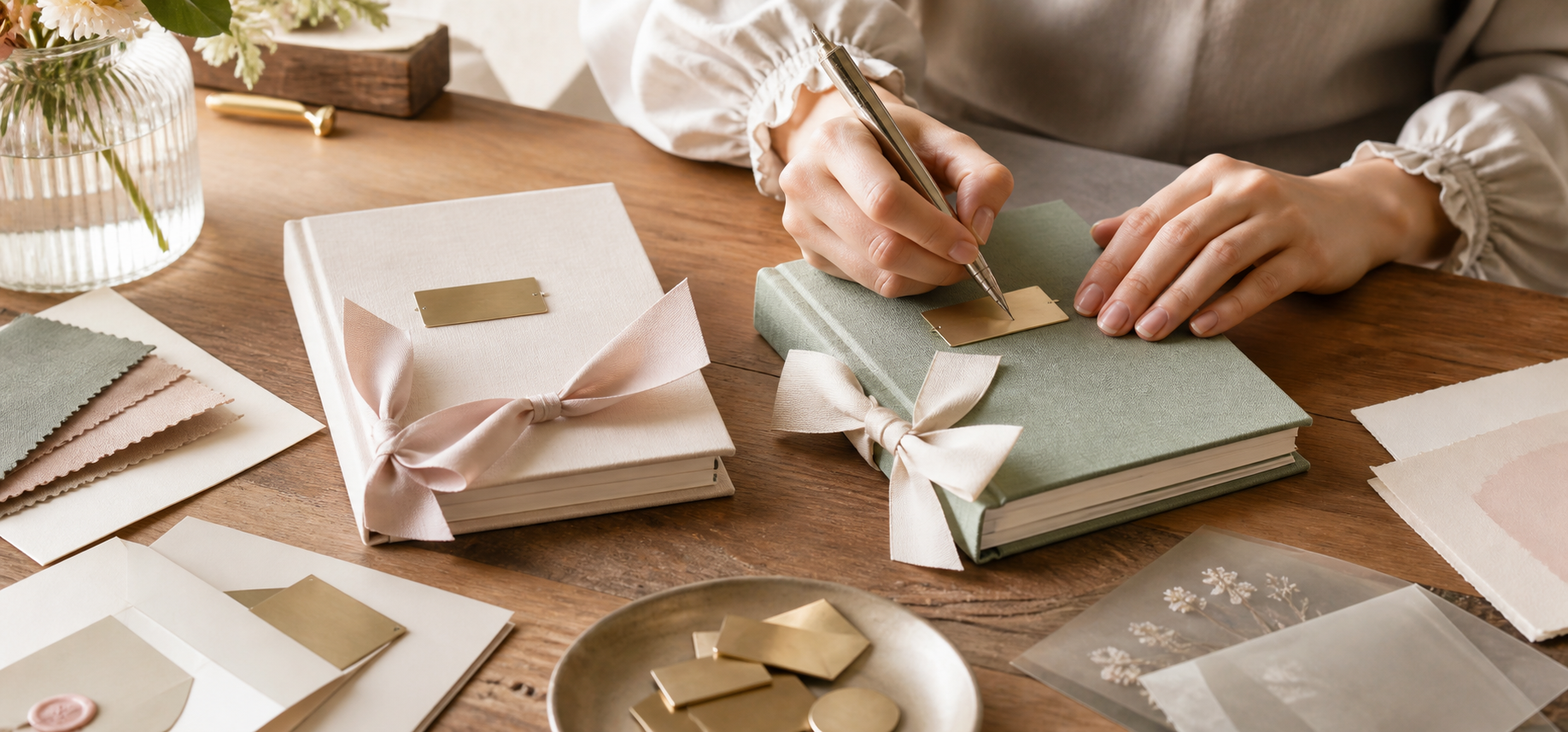 Vow book engraving process with names and date prepared for review