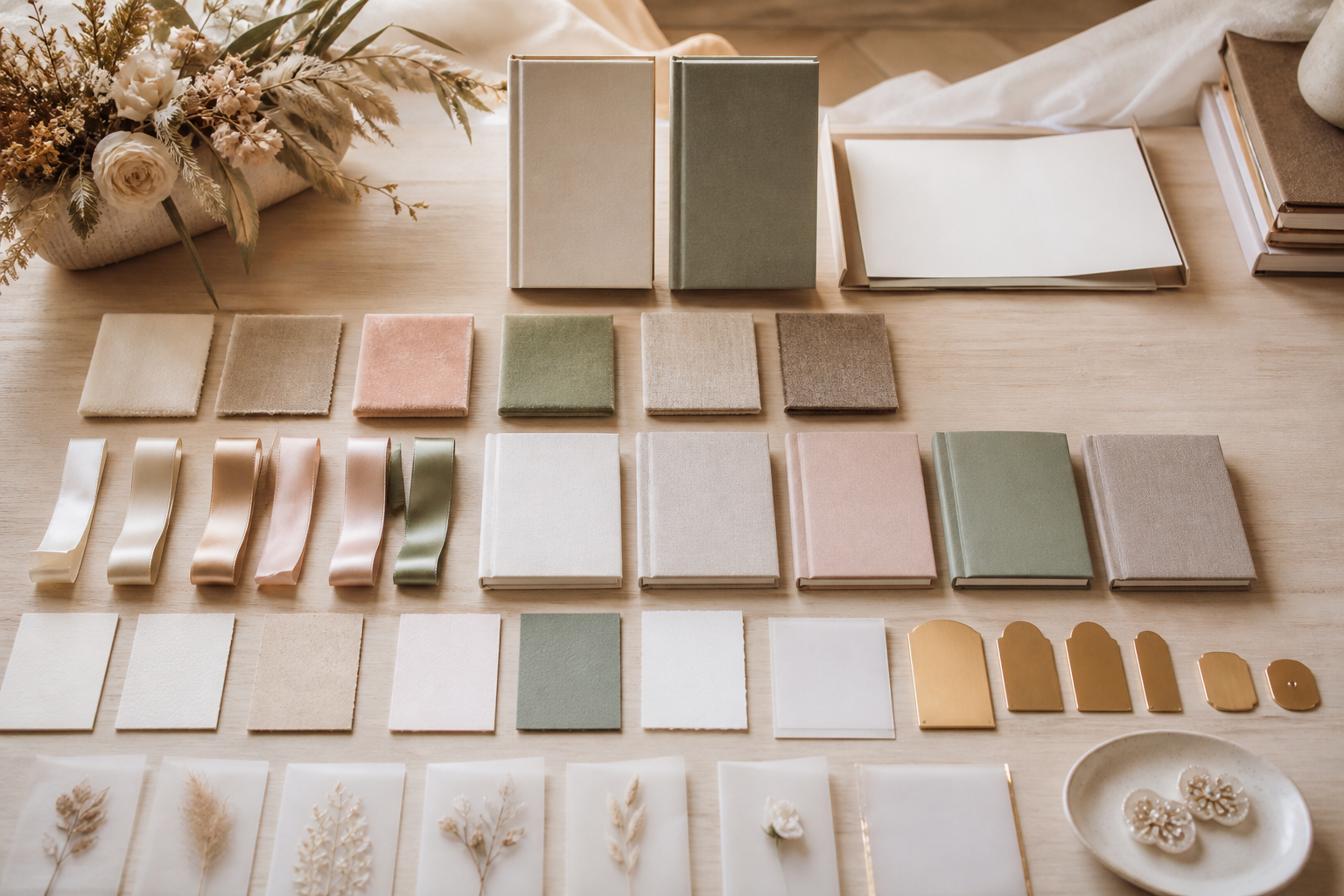 Vow book material selection table with cover finishes and ribbon details