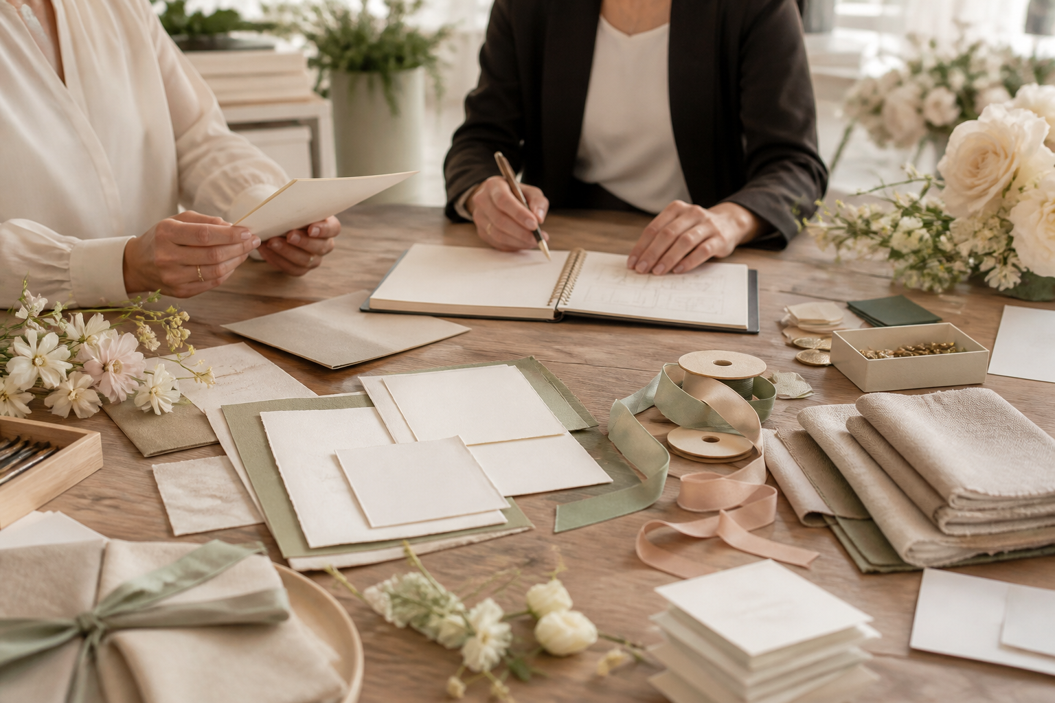 Wedding product consultation table with custom materials and project notes