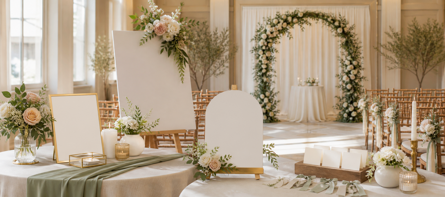 Custom ceremony decoration arrangement with personalized display pieces and neutral wedding styling