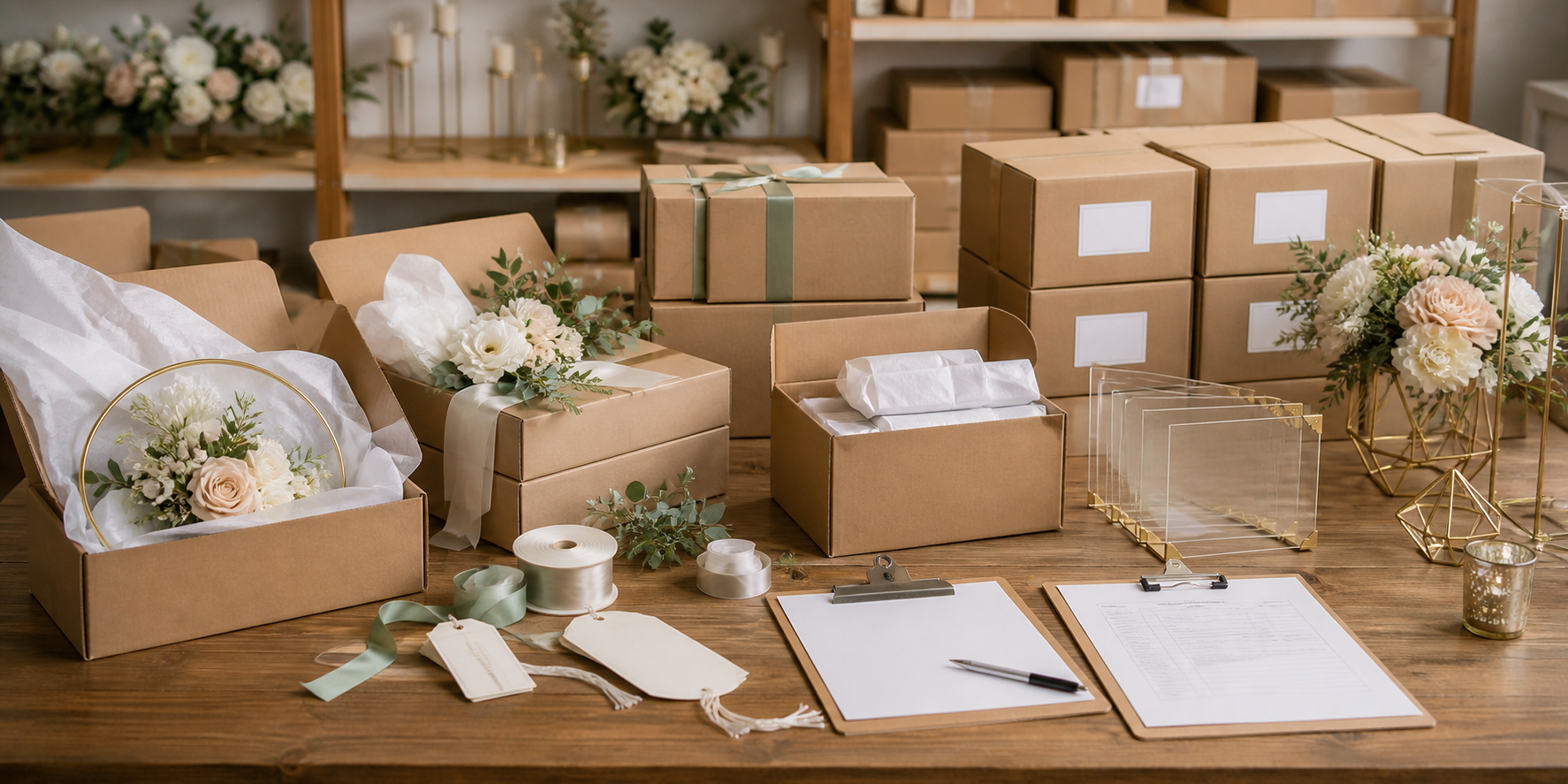 Wedding decoration packaging review table with labeled cartons and quality checklist