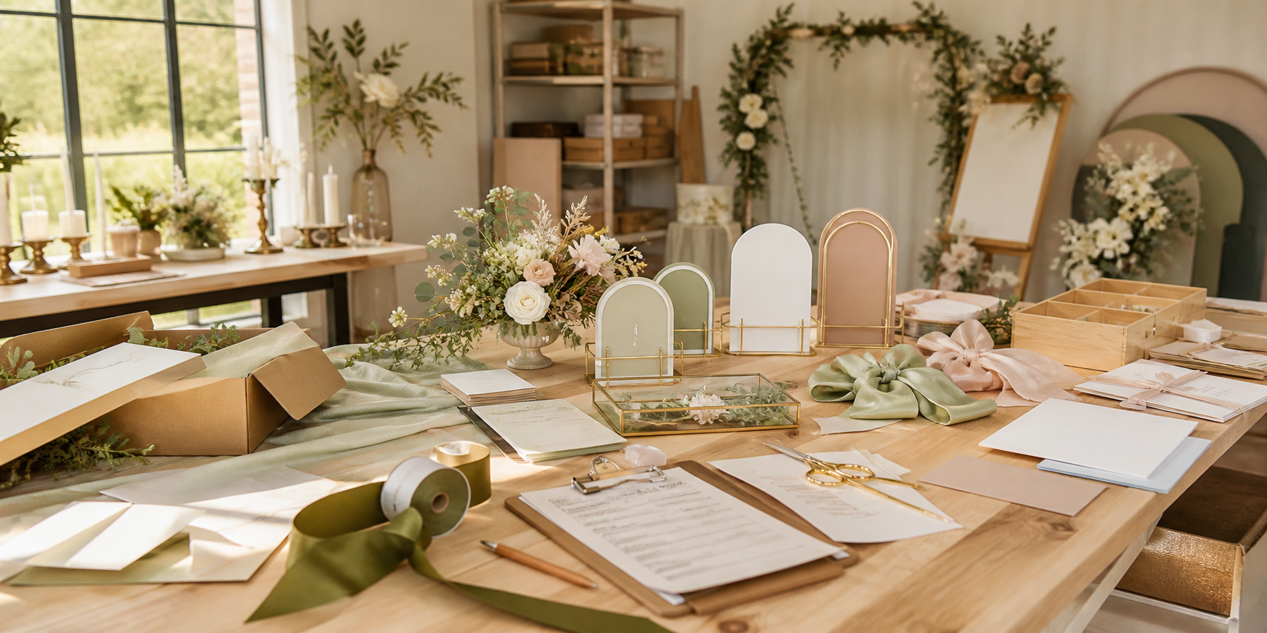 Wedding decoration production studio with floral accents, signage materials, and finish review notes